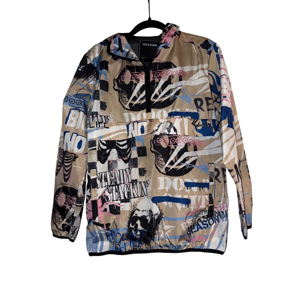 REASON Graffiti Skull Print Anorak Jacket Lightweight Hooded Pullover Size S‎